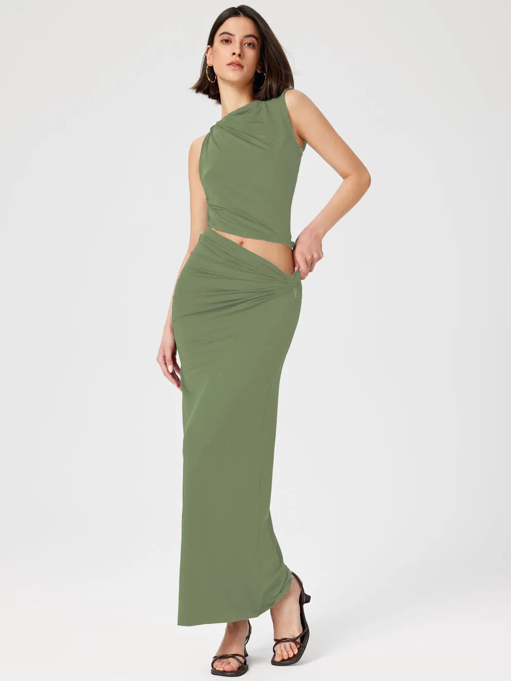 Women Fashion Solid Color Sleeveless Vest Top Skirt Two-Piece Set