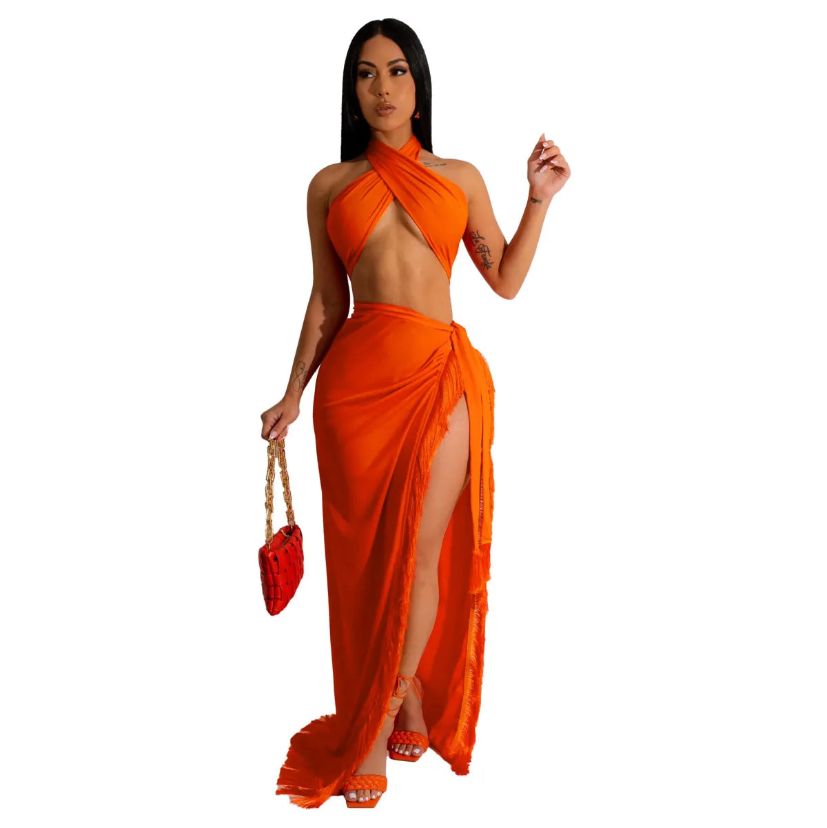 Women Fashion Sexy Halter Neck Wrap Chest Strap Top Tassel Split Skirt Two-Piece Set