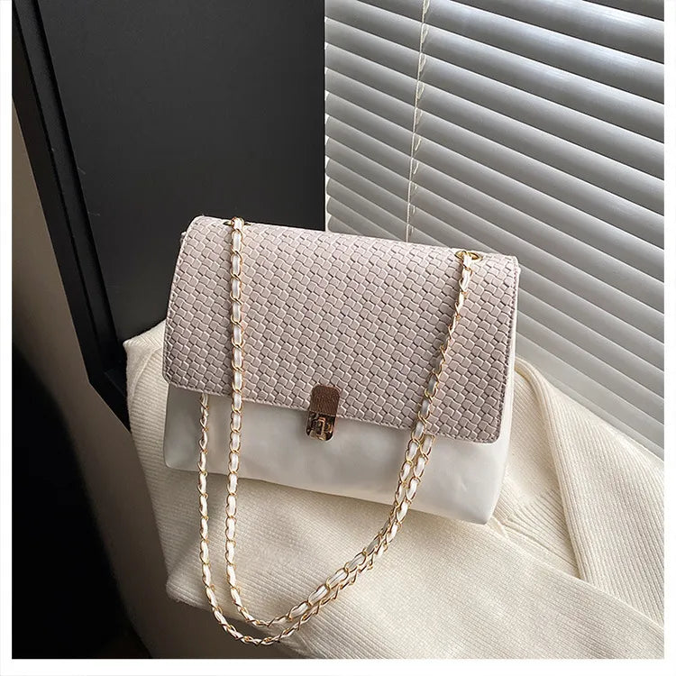 Women Fashion Solid Color Splicing Chain Shoulder Bag