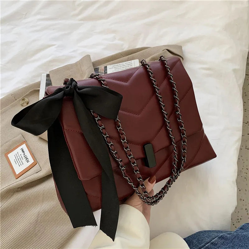 Women Autumn Elegant Chain Design Silk Scarf Decoration Solid Color PU Shoulder Bag