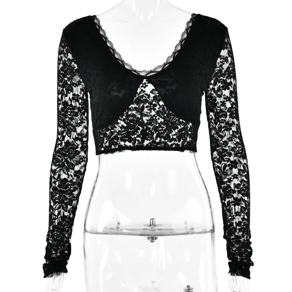 Women Fashion Sexy V-Neck Lace Long Sleeve Crop Top