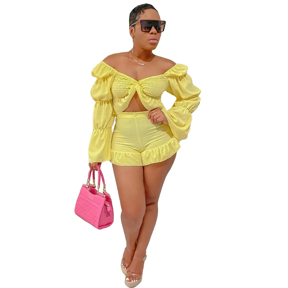 Women Sexy Puff Sleeve Creased Off-Shoulder Blouse Ruffled Shorts Set