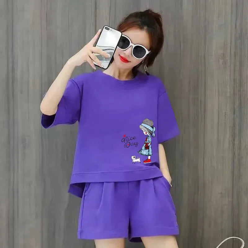 Women Fashion Casual Loose Solid Color Printed Round Neck Short Sleeve T-Shirt Defined Waist Shorts 2pcs Set
