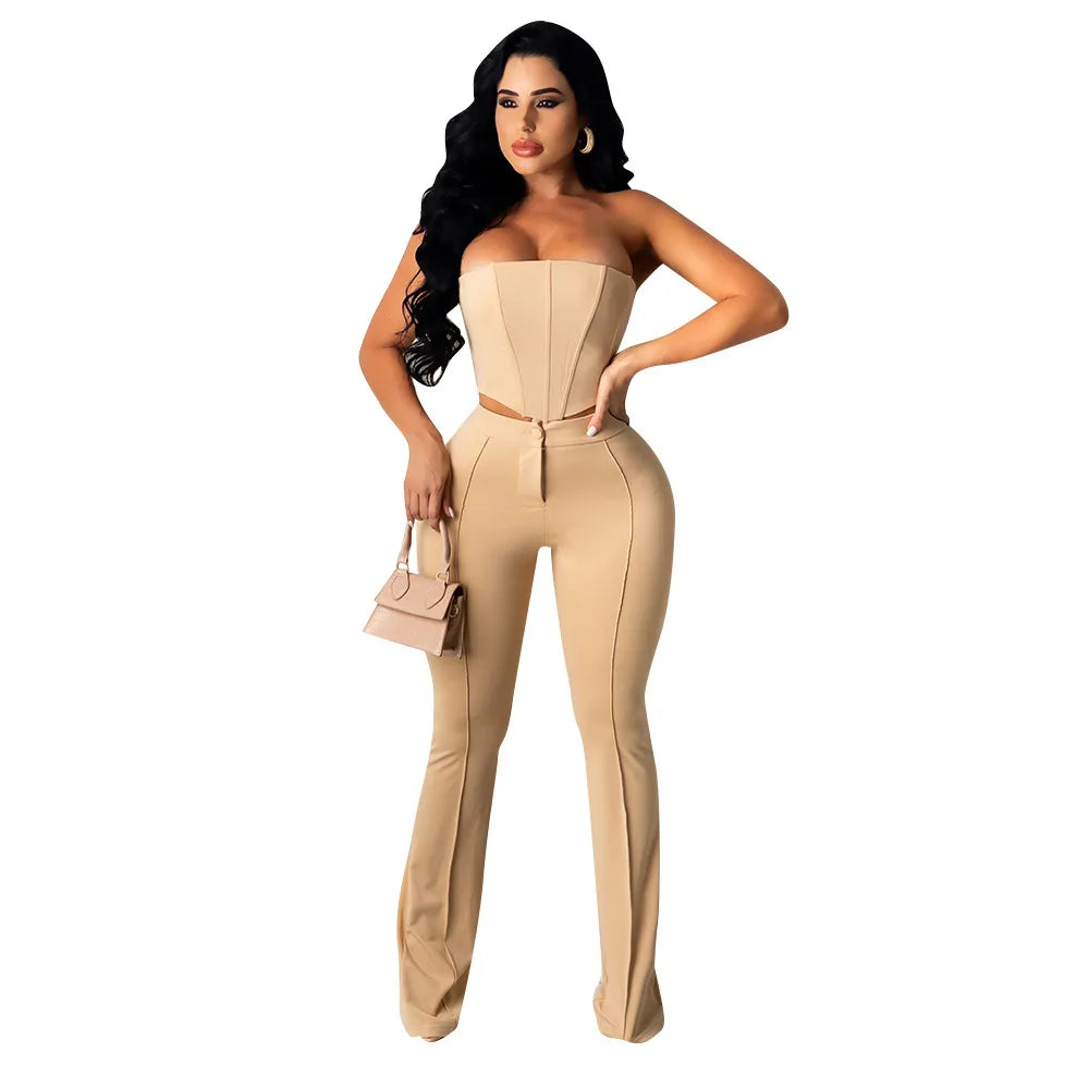 Women Fashion Sexy Tight Solid Color Backless Tube Top Defined Waist Pants 2pcs Set