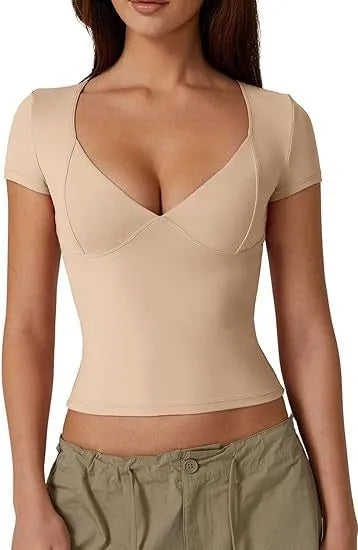 Women Casual Solid Color Deep V Short Sleeve Crop