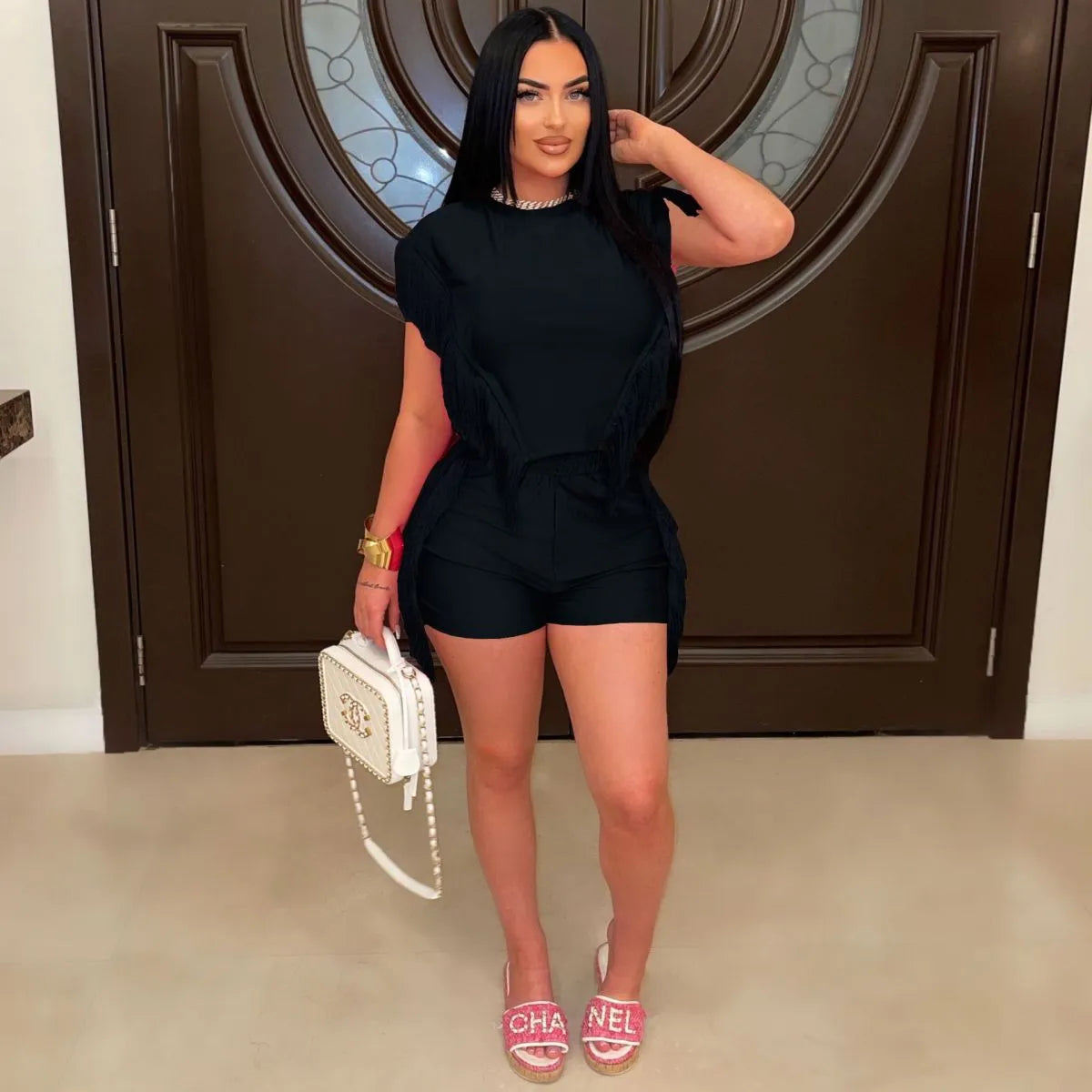 Women Fashion Solid Color Round Neck Tassel Short Sleeve Top Shorts Two-Piece Set