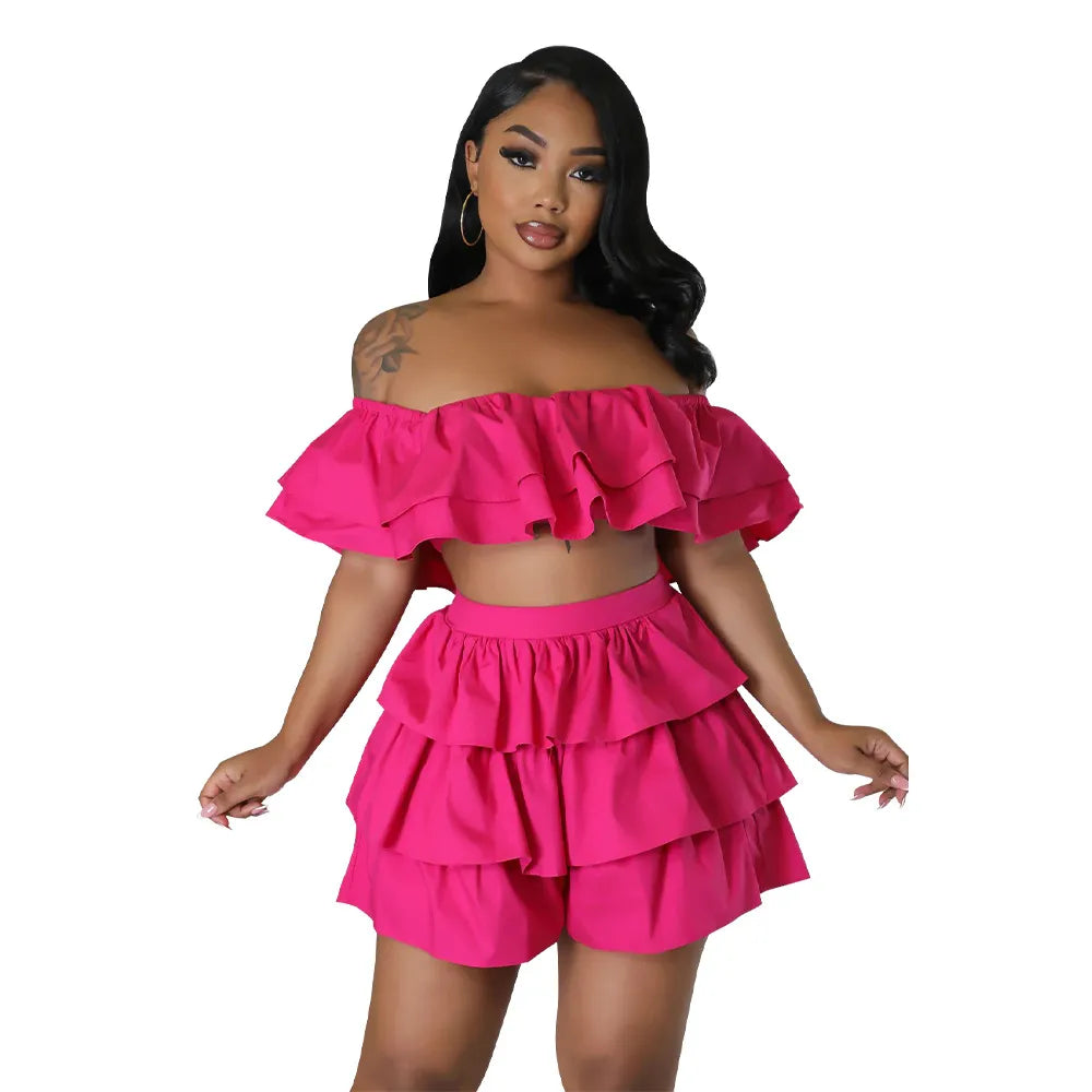 omen Fashion Sexy Solid Color Ruffled Tube Top High-Waist Skirt Two-Piece Set