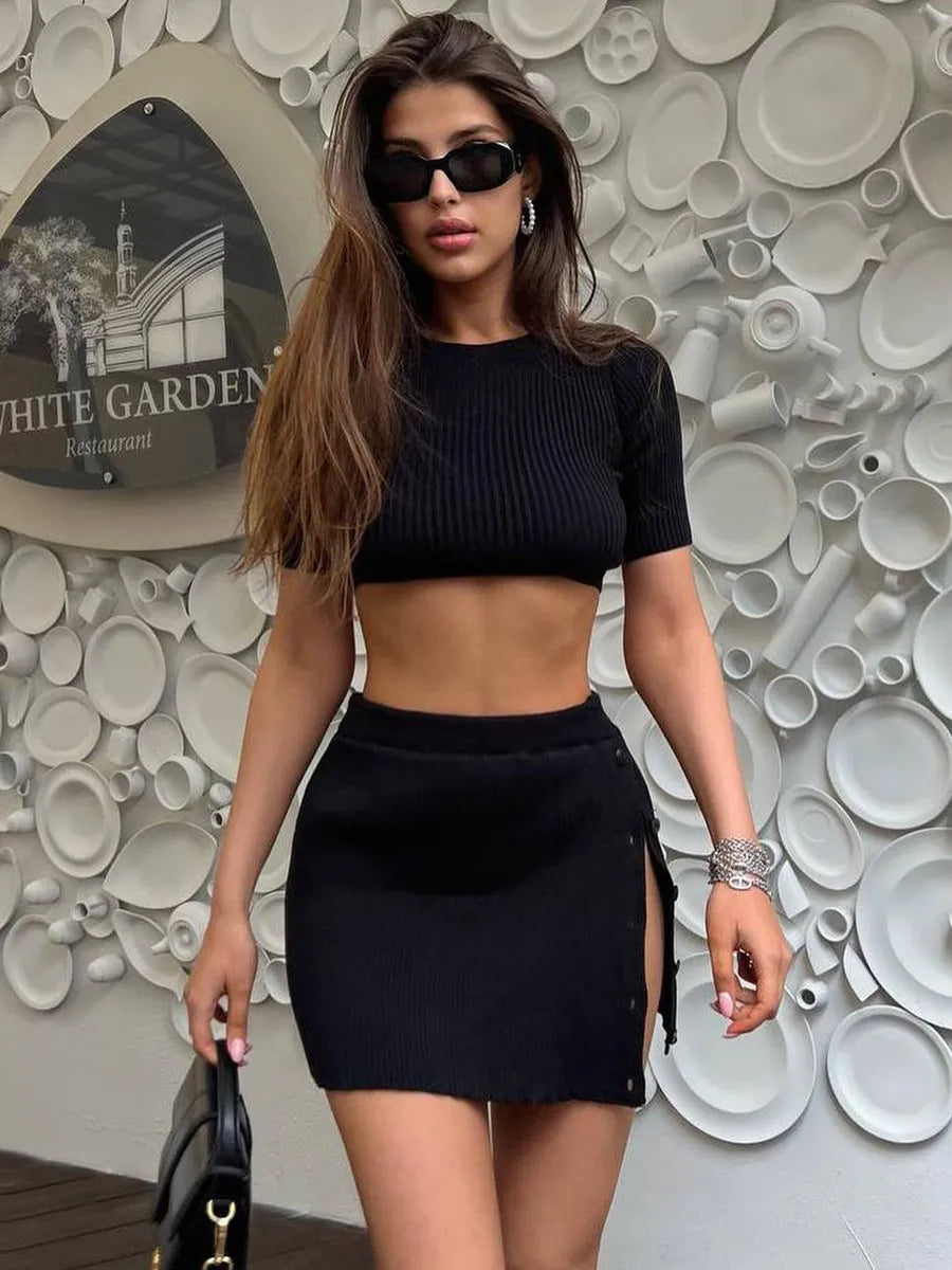 Women Fashion Sexy Knitted Short Sleeve Crop Top Split Button Skirt Two Piece Set