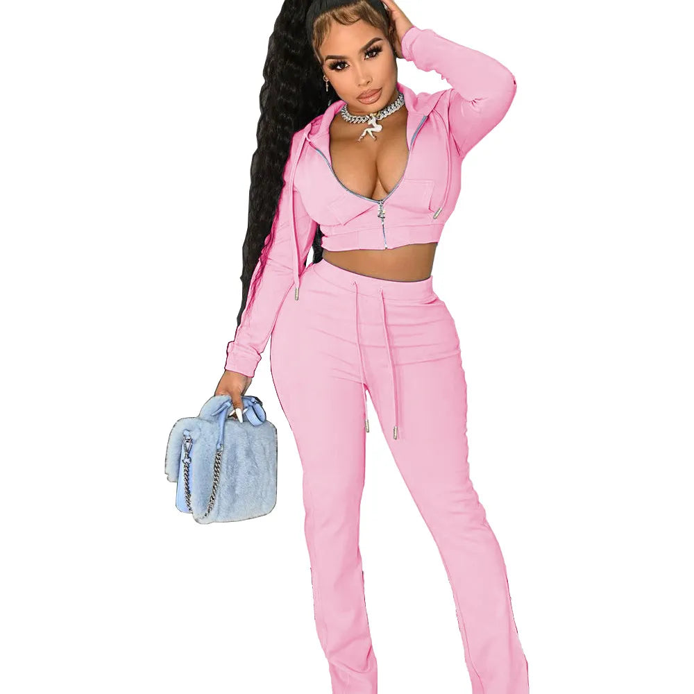 Wome Fashion Casual Solid Color Long Sleeve Zipper Hooded Top Pants Two-Piece Set
