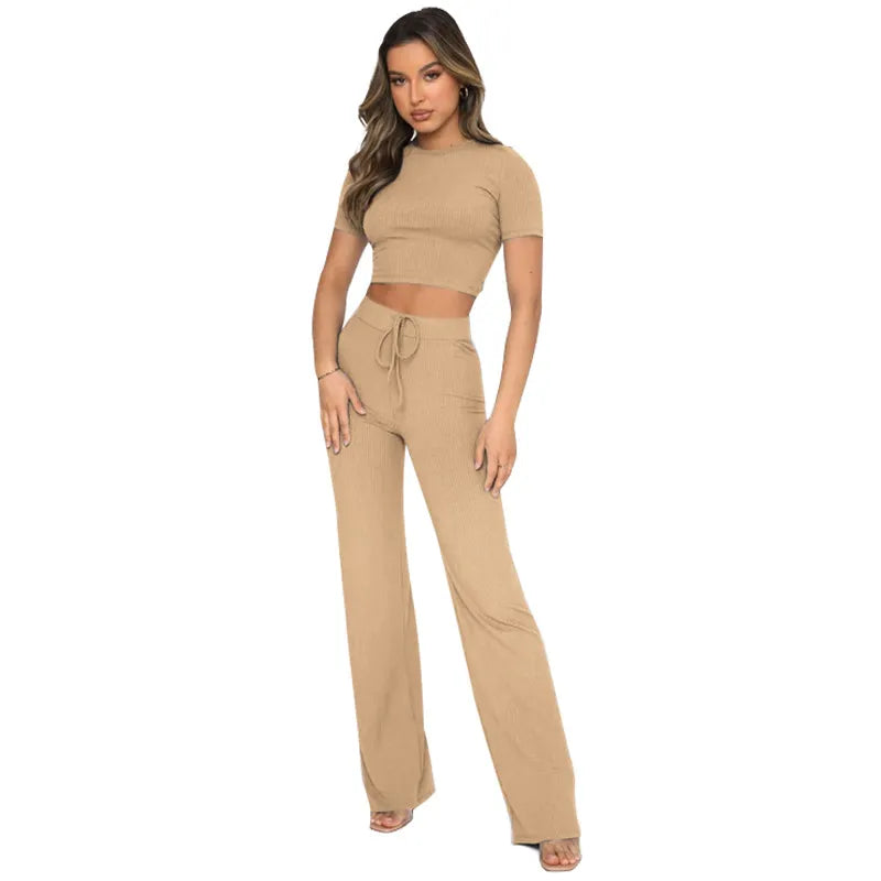 Women Fashion Casual Solid Color Stretchy Slim-Fit Short-Sleeved And Wide-Leg Pants Two-Piece Set
