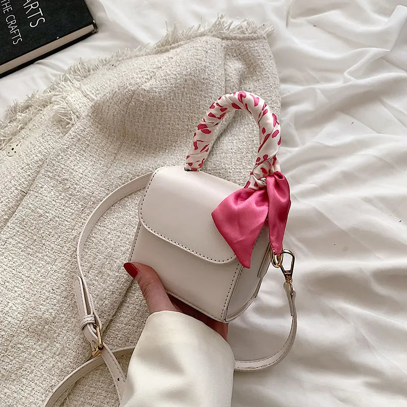 Women Fashion Flap Buckle Design Silk Scarf Decoration Solid Color Pu Crossbody Mini Bag