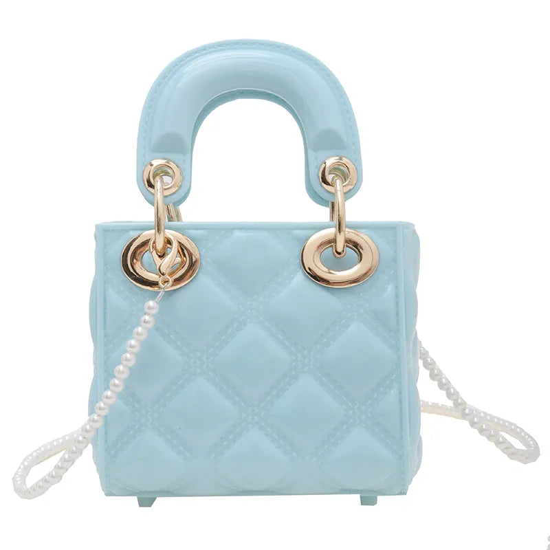 Women Fashion Mini Diamond Pvc Square Pearl Chain Crossbody Bag