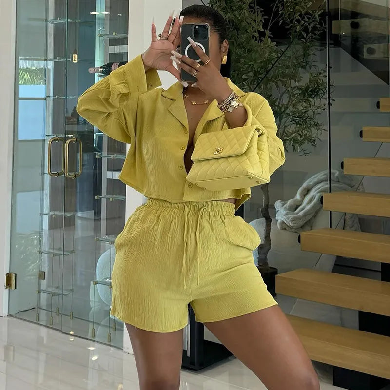 Women Fashion Casual Solid Color Long Sleeve Lapel Top Drawstring Shorts Two-Piece Set