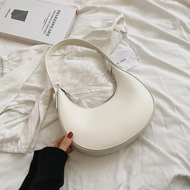 Simple Solid Color PU Zipper Half Circle Shoulder Underarm Bag