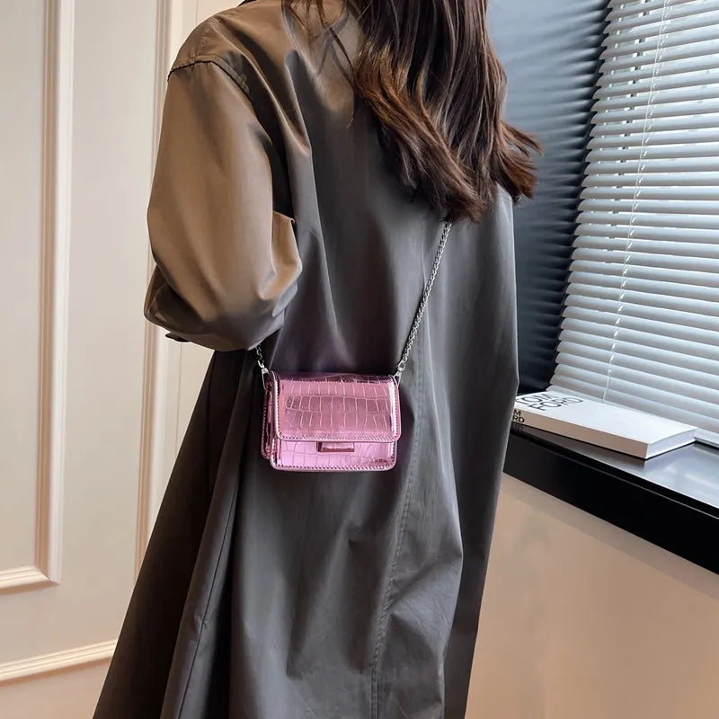 Women Fashion Solid Color Patent Crocodile Laser Flap Chain Mini Square Shoulder Crossbody Bag