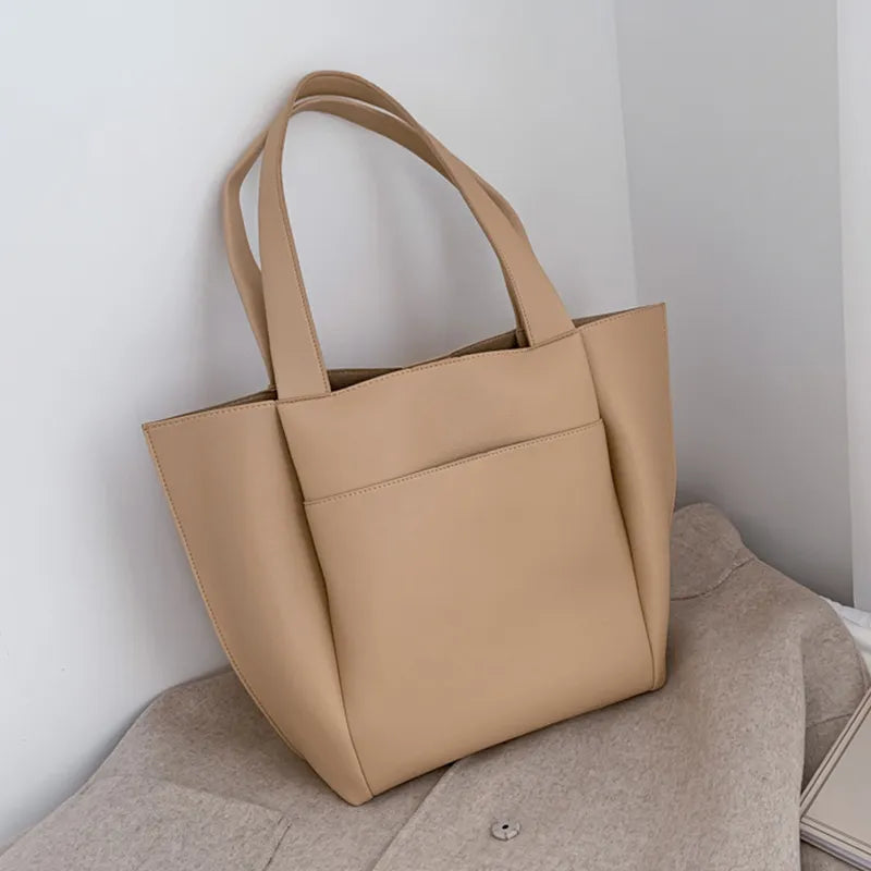 Basic Solid Color Large Capacity PU Shoulder Bag