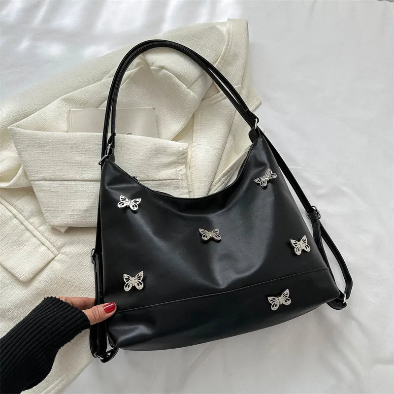 Solid Color Butterfly Rhinestone Large Capacity Shoulder Bag