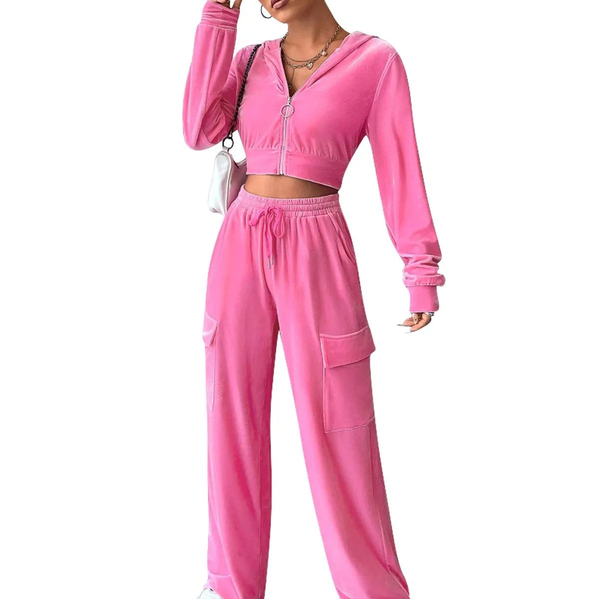 Women Casual Solid Color Long-Sleeved Zipper Top Drawstring Straight Pants Two-Piece Set