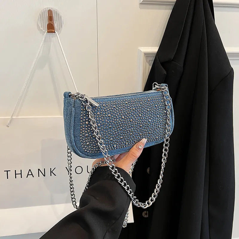 Women Fashion Square Rhinestone Zipper Shoulder Underarm Bag