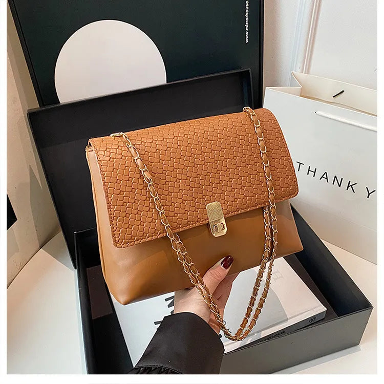 Women Fashion Solid Color Splicing Chain Shoulder Bag