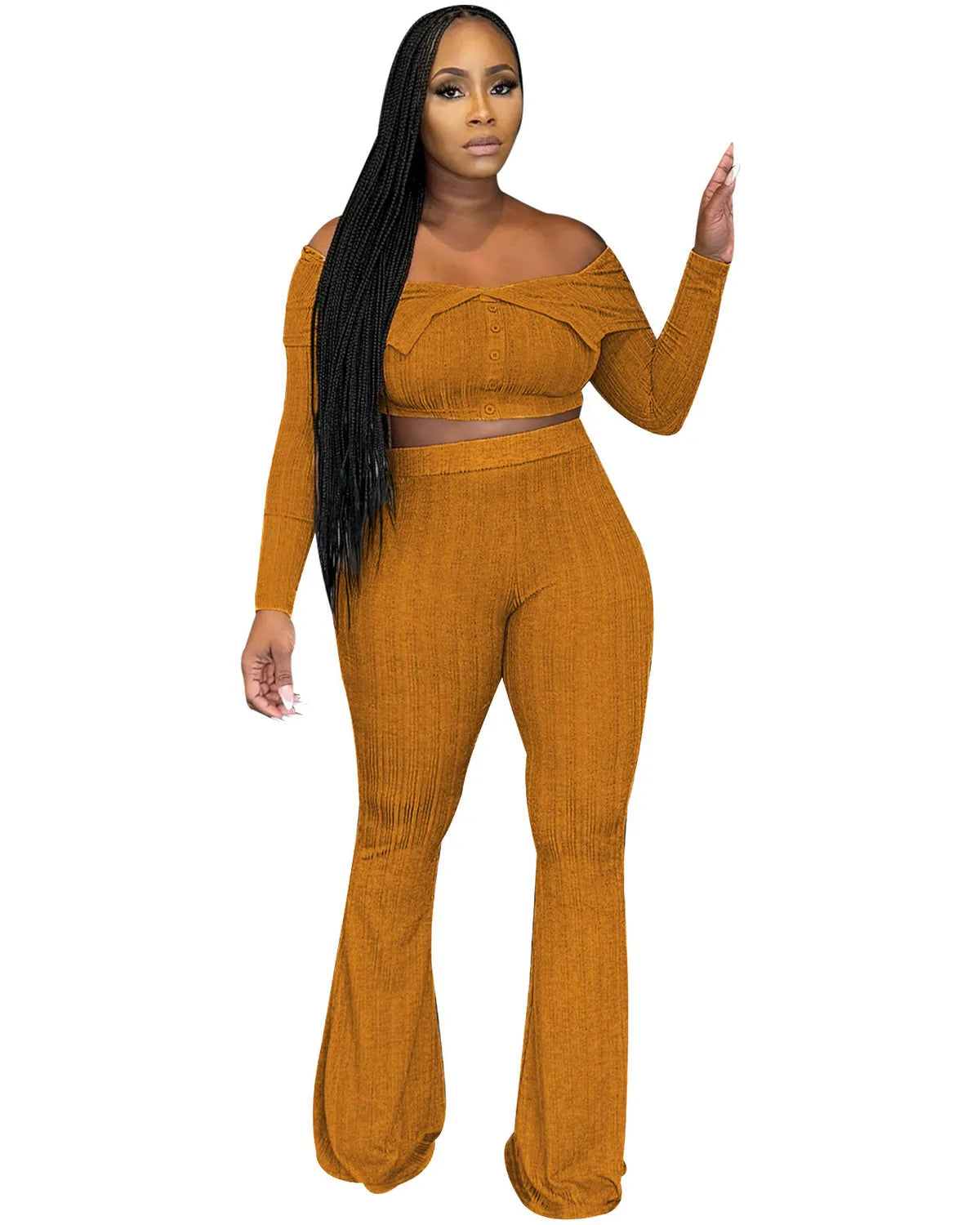 Women Fashion Sexy Long Sleeve Off Shoulder Crop Top Wide Leg Pants Two-Piece Set