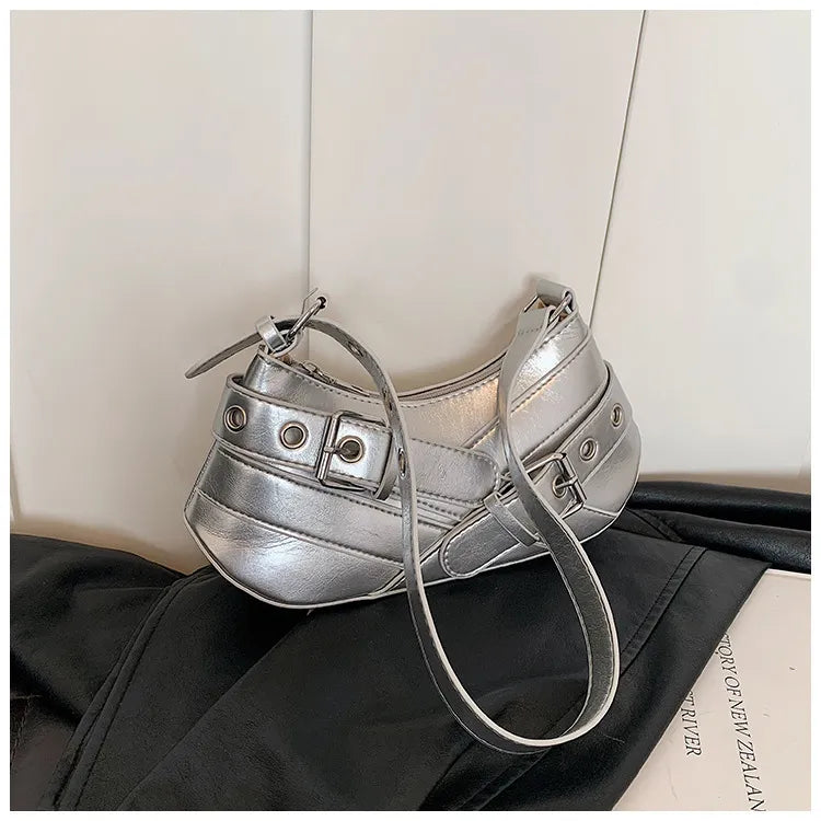 Women Fashion Casual Retro Solid Color Belt Baguette Shoulder Bag