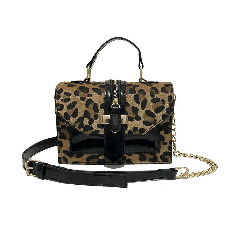 Women Chic Zipper Design Chain Design Leopard Pattern Square Crossbody Handle Bag
