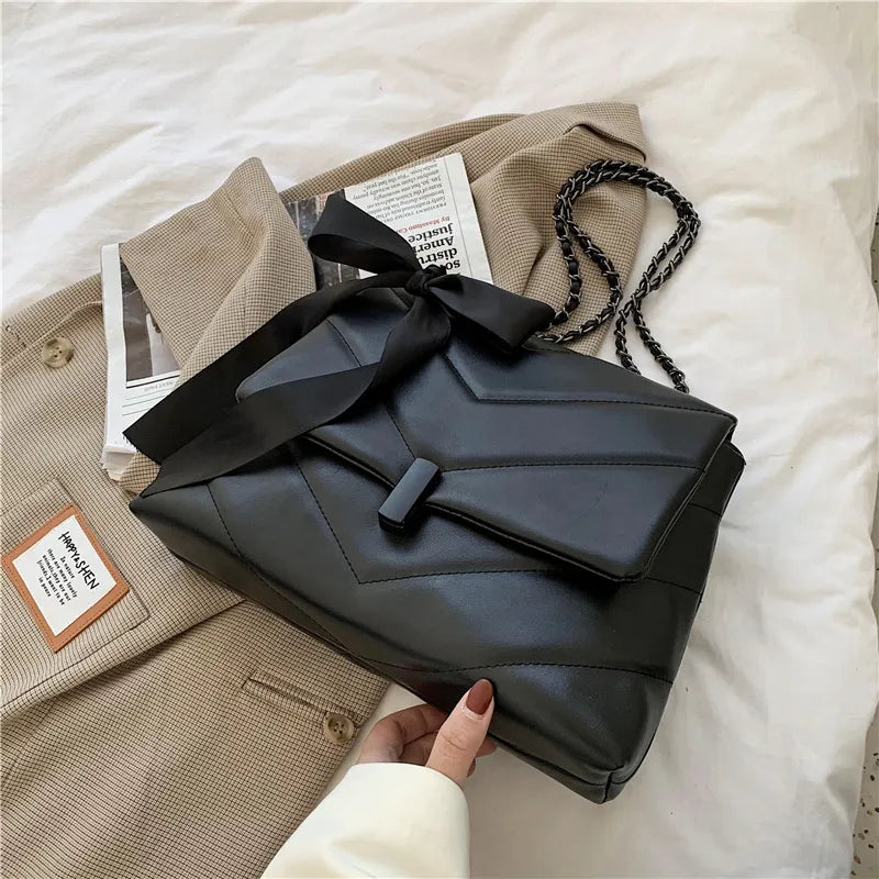 Women Autumn Elegant Chain Design Silk Scarf Decoration Solid Color PU Shoulder Bag