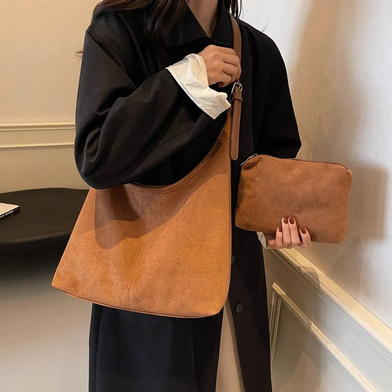 Women Fashion Casual Solid Color Suede Large Capacity Shoulder Bag
