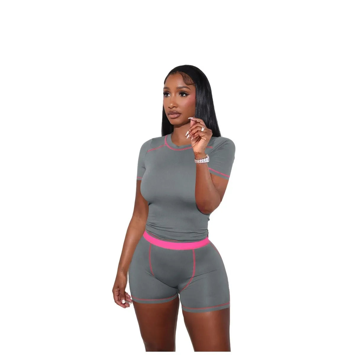 Women Fashion Casual Thread Contrast Color Short-Sleeve T-Shirt Tight Shorts Two-Piece Set