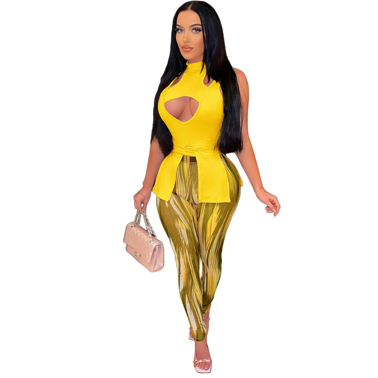 Summer Women Sexy Sleeveless Cut Out Irregular Hem Top And Tie Dye Skinny Pants Two Piece Set