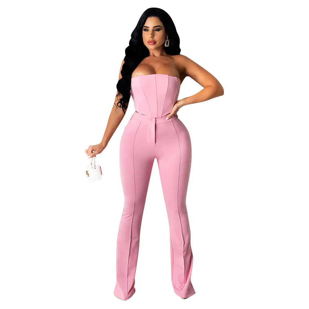 Women Fashion Sexy Tight Solid Color Backless Tube Top Defined Waist Pants 2pcs Set