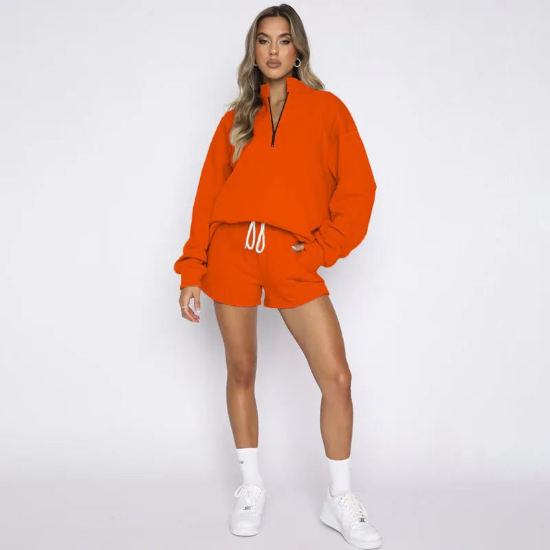 Women Casual Solid Color Stand Collar Half Zipper Long Sleeve Hoodie And Shorts Set