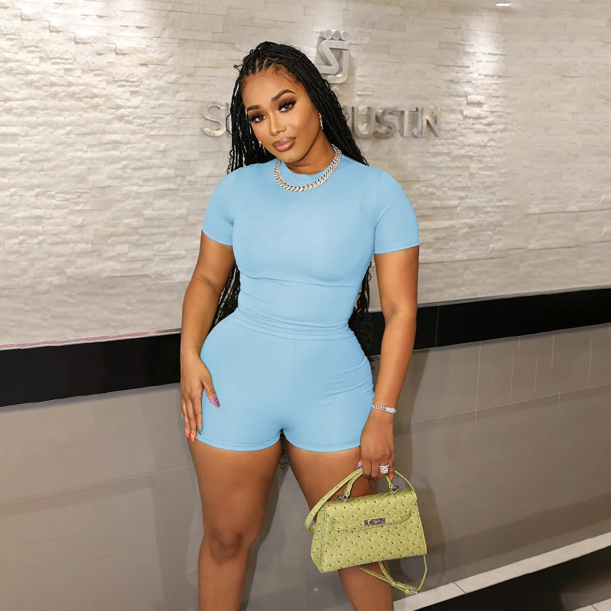 Women Fashion Casual Solid Color Short Sleeve T-Shirt Tight Shorts Two-Piece Set