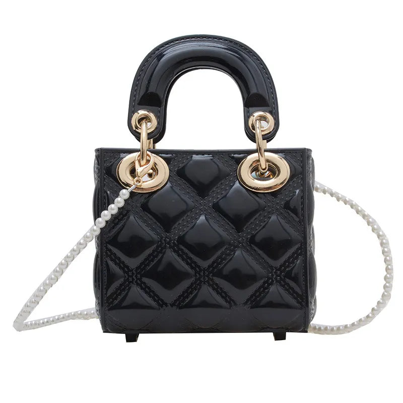 Women Fashion Mini Diamond Pvc Square Pearl Chain Crossbody Bag