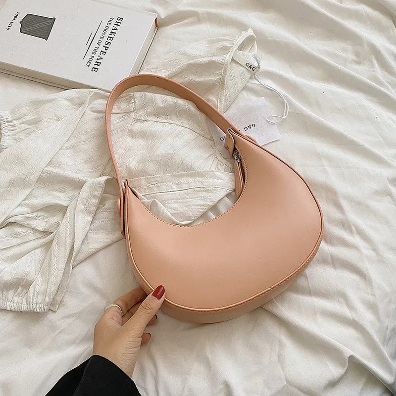 Simple Solid Color PU Zipper Half Circle Shoulder Underarm Bag