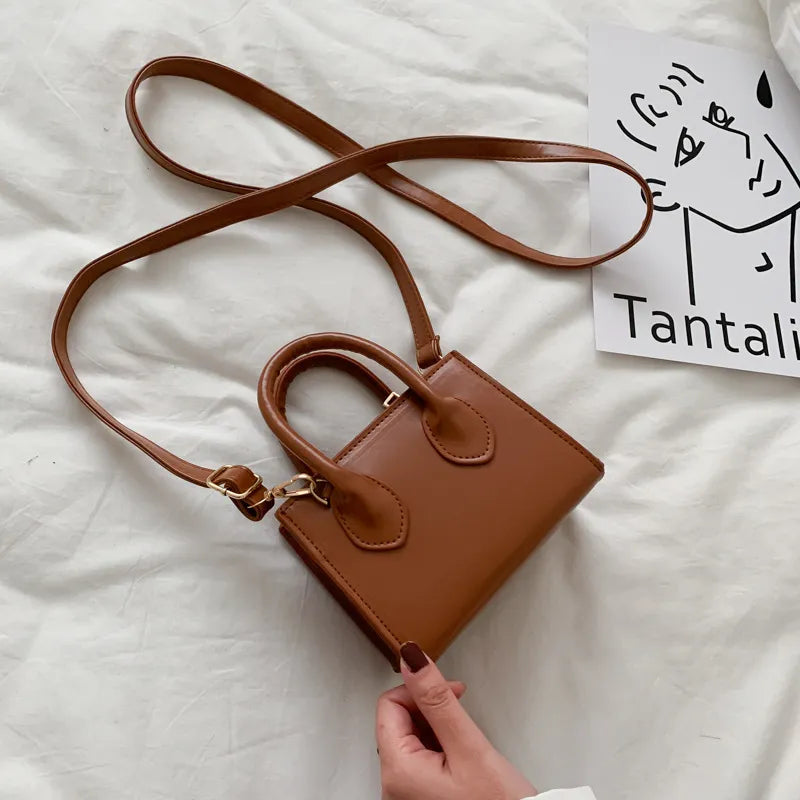 Women Fashion Solid Color Zipper Square Mini PU Handle Crossbody Bag