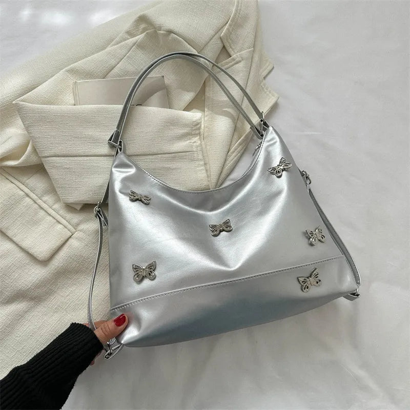 Solid Color Butterfly Rhinestone Large Capacity Shoulder Bag