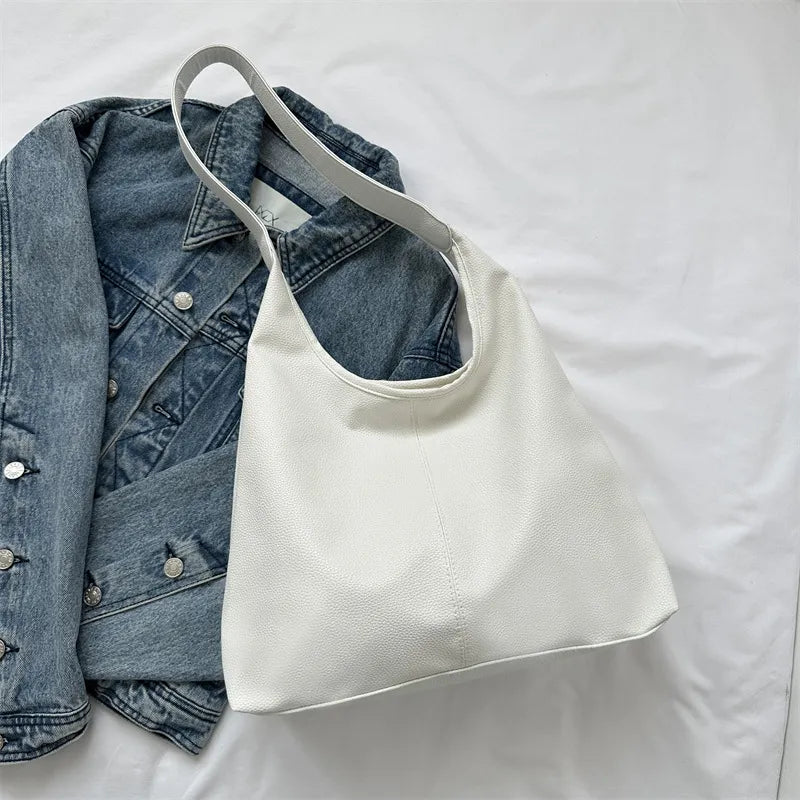 Fashionable Solid Color PU Large Capacity Shoulder Bag