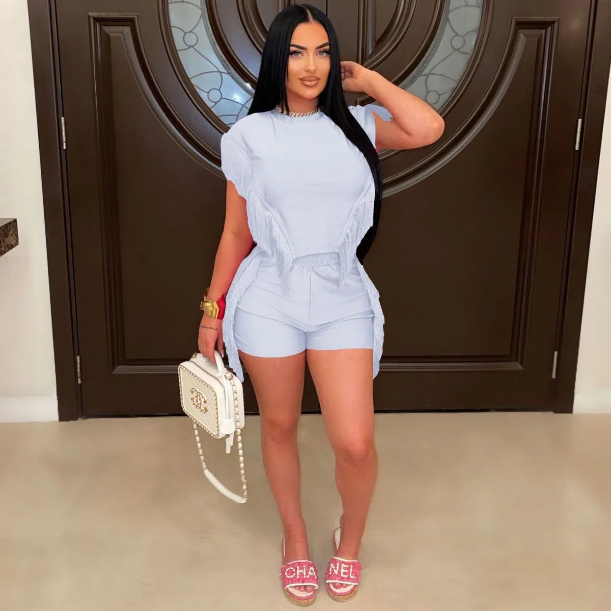 Women Fashion Solid Color Round Neck Tassel Short Sleeve Top Shorts Two-Piece Set
