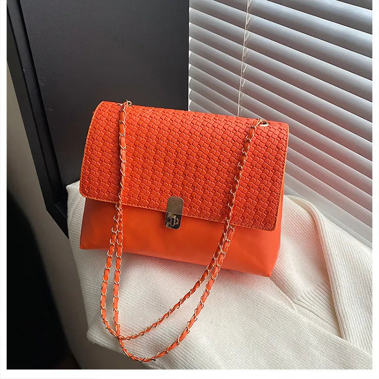 Women Fashion Solid Color Splicing Chain Shoulder Bag