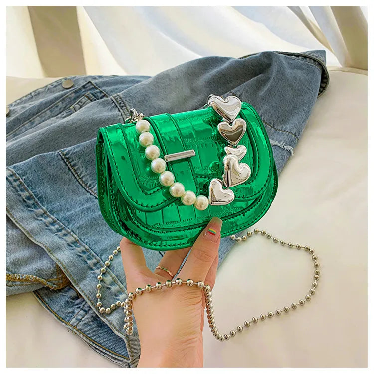 Summer Women Fashion Sequin Heart Pearl Chain Mini Crossbody Bag
