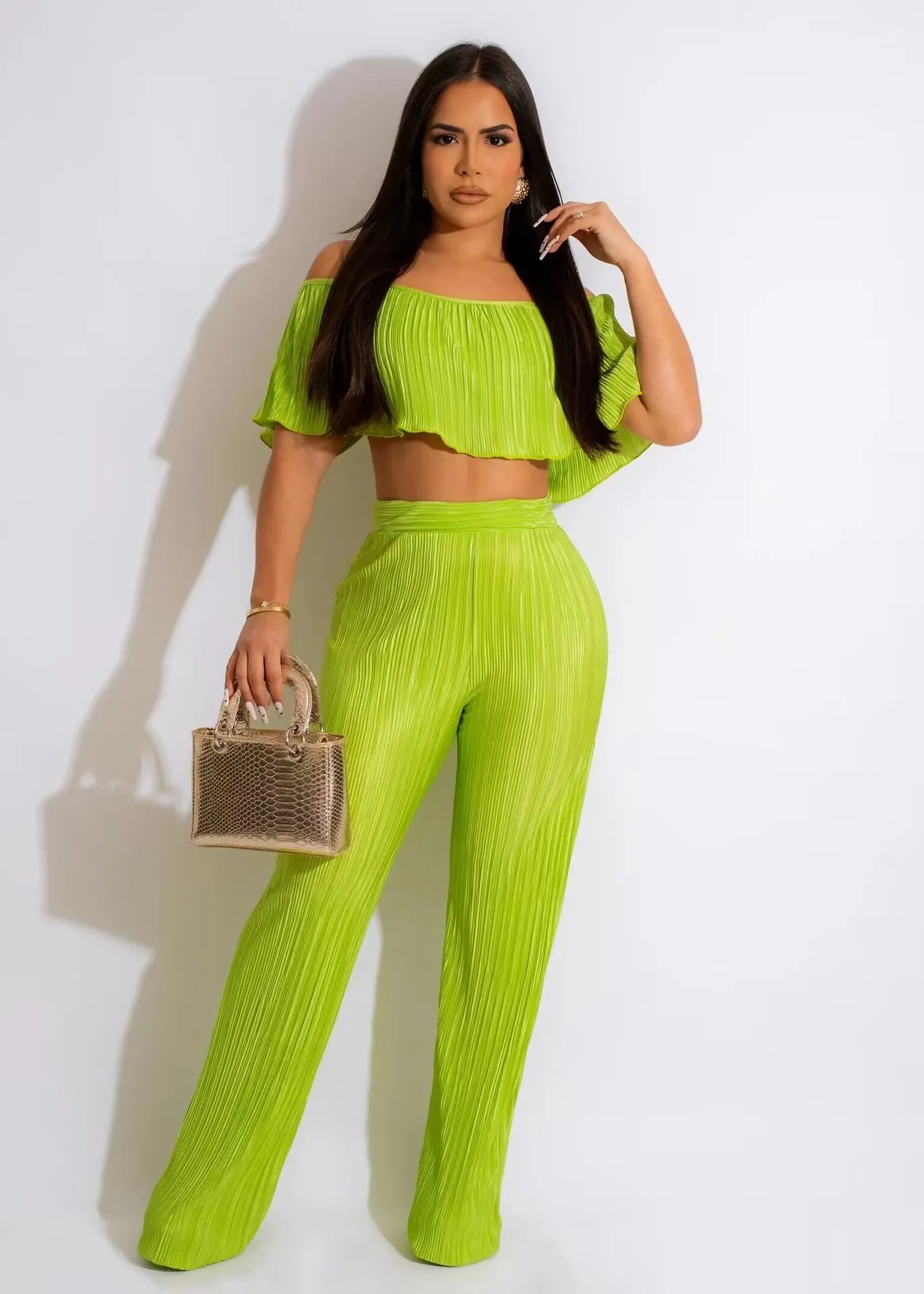 Women Fashion Solid Color Short-Sleeved Off-Shoulder Crop Top Casual Pants Two-Piece Sets