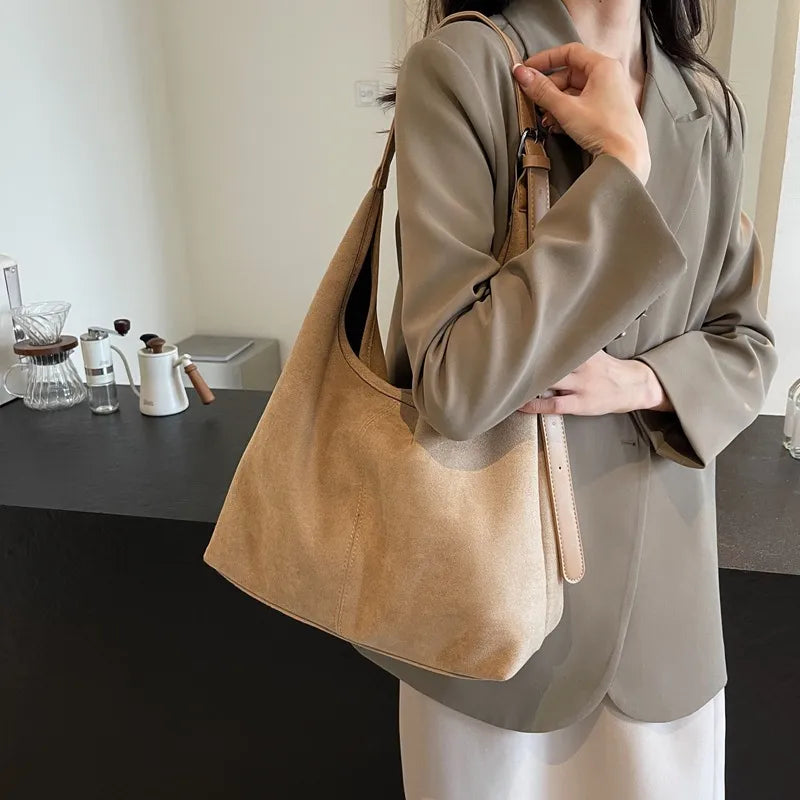 Women Fashion Casual Solid Color Suede Large Capacity Shoulder Bag