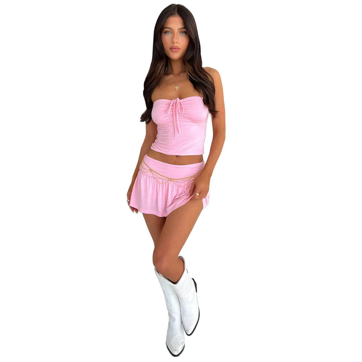 Women Fashion Sexy Strapless Drawstring Crop Top Pantskirt Two-Piece Set
