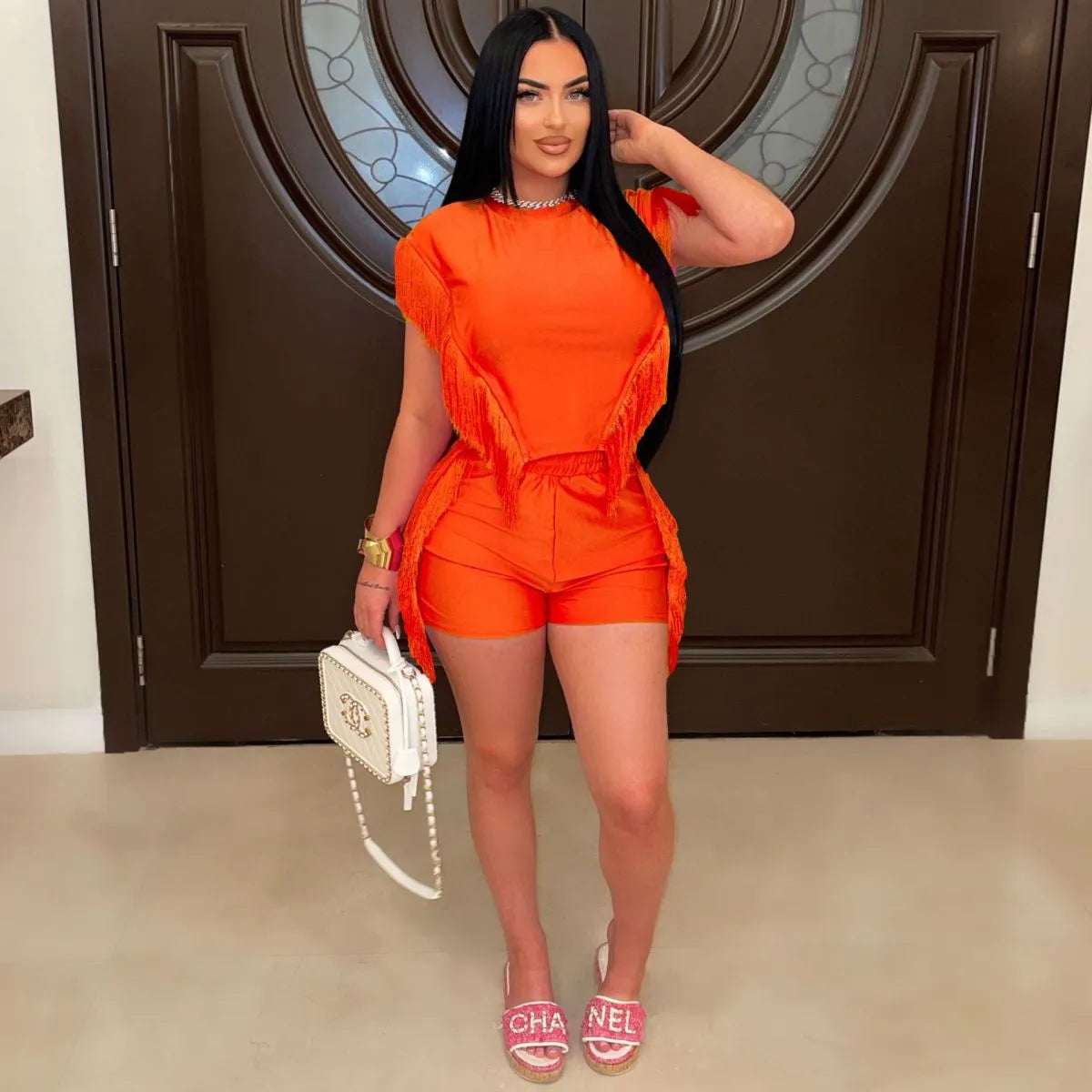 Women Fashion Solid Color Round Neck Tassel Short Sleeve Top Shorts Two-Piece Set