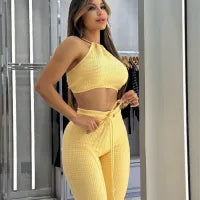 Women Fashion Sexy Plaid Solid Color Halter-Neck Lace-Up Backless Crop Top High Waist Pants Two-Piece Set