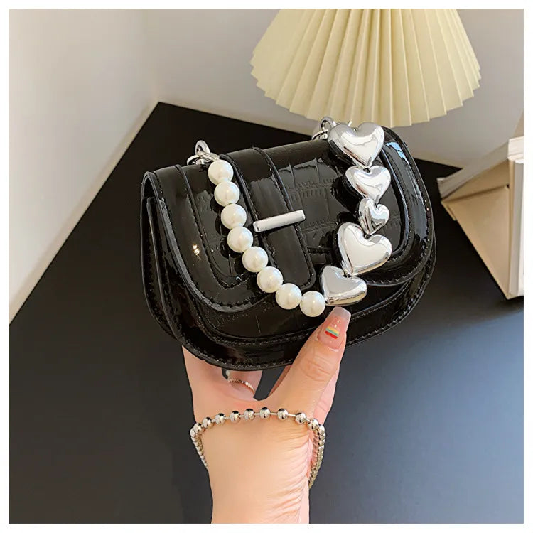 Summer Women Fashion Sequin Heart Pearl Chain Mini Crossbody Bag