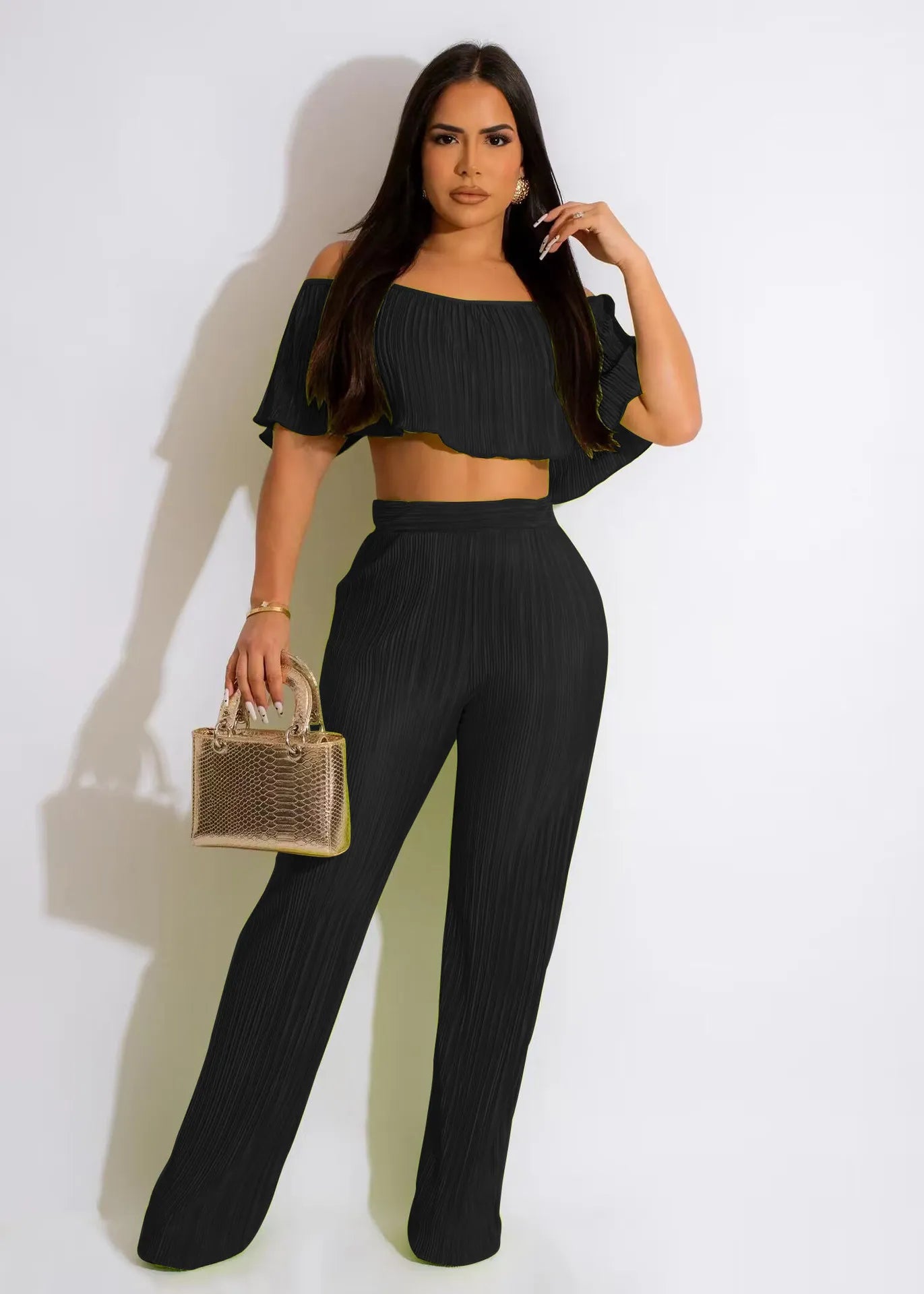 Women Fashion Solid Color Short-Sleeved Off-Shoulder Crop Top Casual Pants Two-Piece Sets