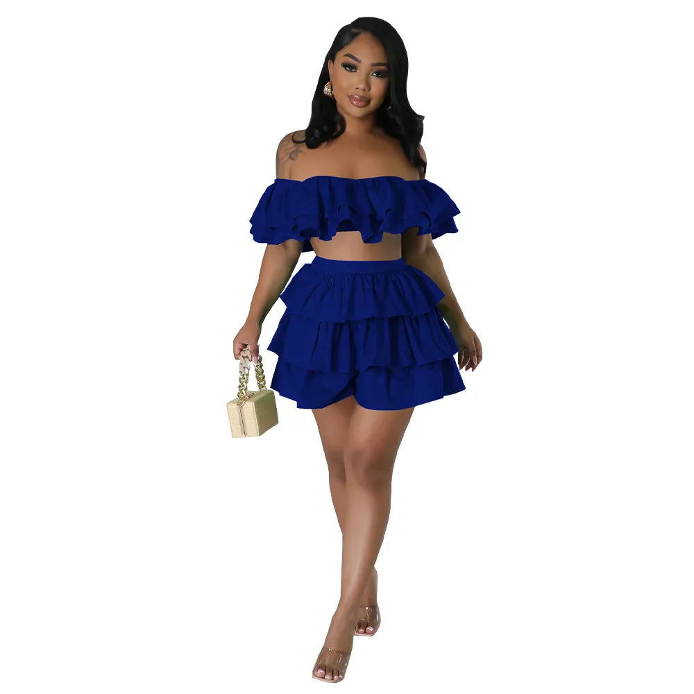 omen Fashion Sexy Solid Color Ruffled Tube Top High-Waist Skirt Two-Piece Set